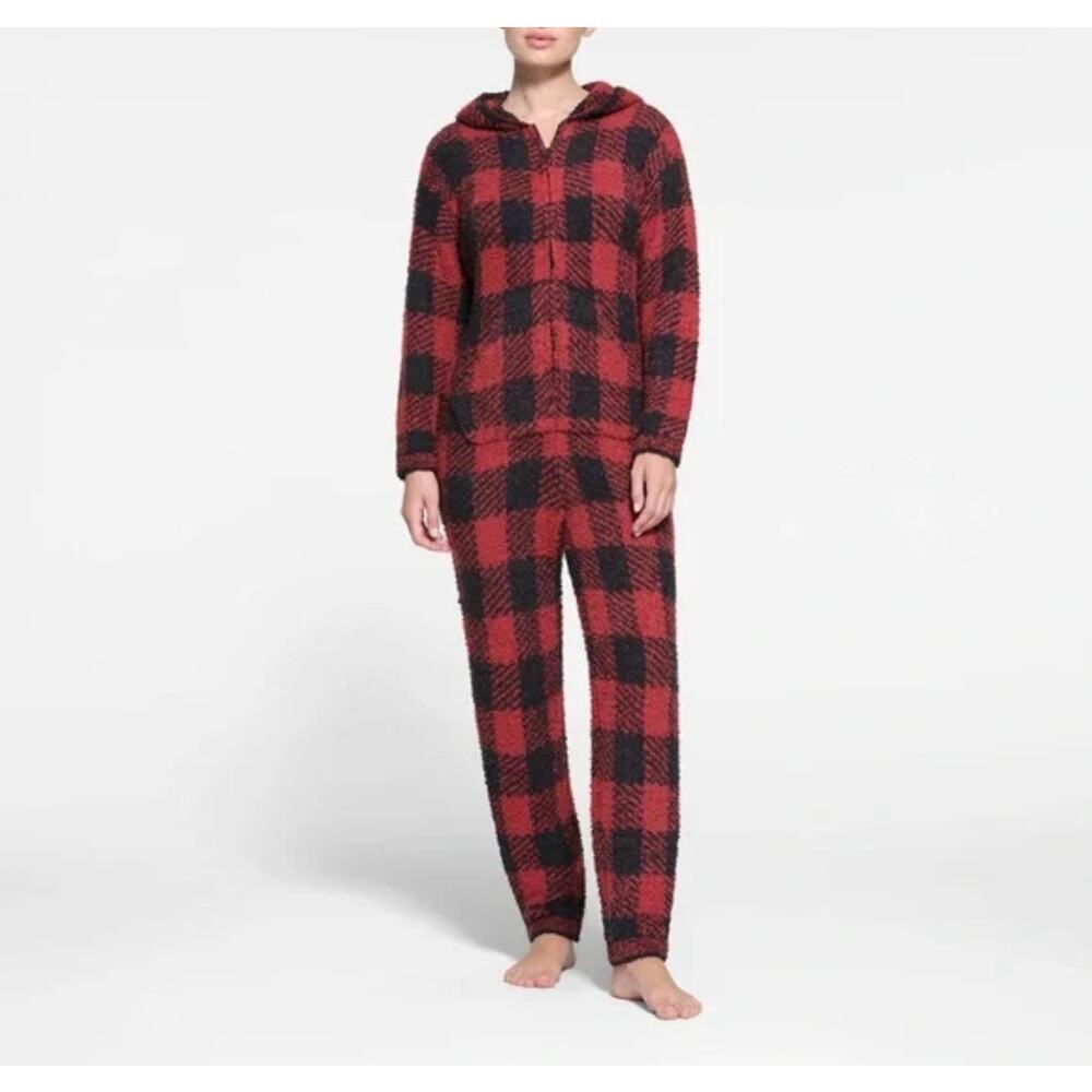 SKIMS COZY KNIT UNISEX ONE PIECE IN BRICK BUFFALO CHECK S/M (New)